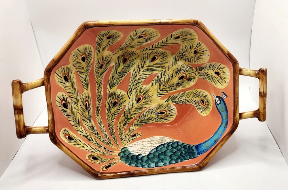 Tracy Porter Artesian Road Peacock Hand Painted Serving Bowl Bamboo Handles